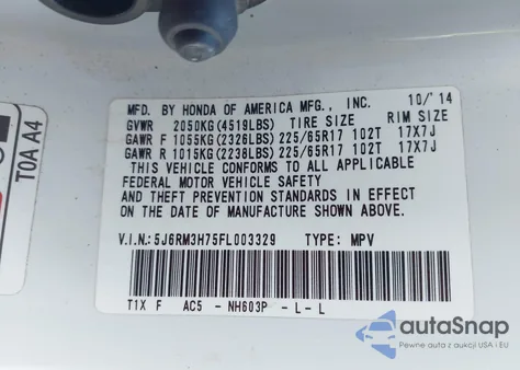 2015 Honda Cr-V Ex-L z USA, uszkodzony, nr VIN 5J6RM3H75FL003329